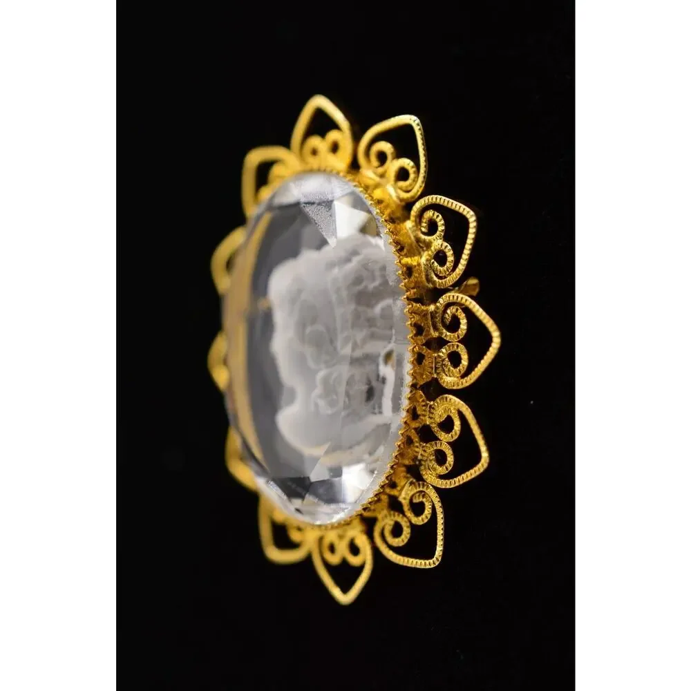 Vintage Cameo Pin Brooch Framed Glass Crystal Clear Oval Gold Tone 1980s 9B